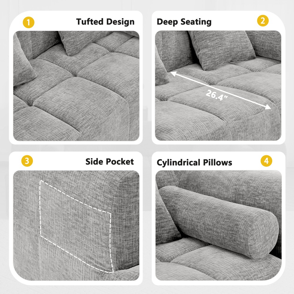 3-Seat Modular Sectional Sofa, Tufted Back with Side Pockets, Light Grey