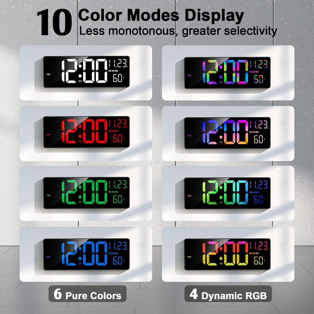16" Bluetooth Large Digital Wall Clock/Auto Time Sync, 10 RGB Colors Digital ...