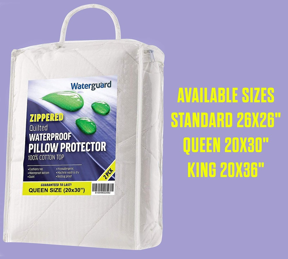 Quilted Pillow Protector - Waterproof and Bed Bug Proof Zippered Pillow Prote...