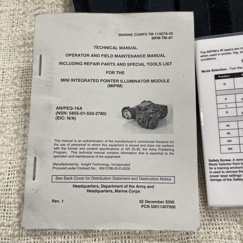 Mini Integrated Pointer Illuminator Module (MIPIM) AN/PEQ-16A Manual & Case ONLY