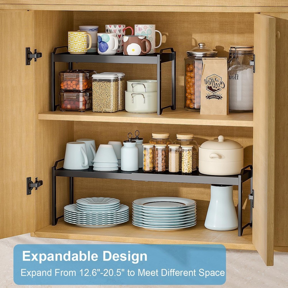 2 Pack Expandable Cabinet Countertop Shelves Stackable Shelves Organizers For
