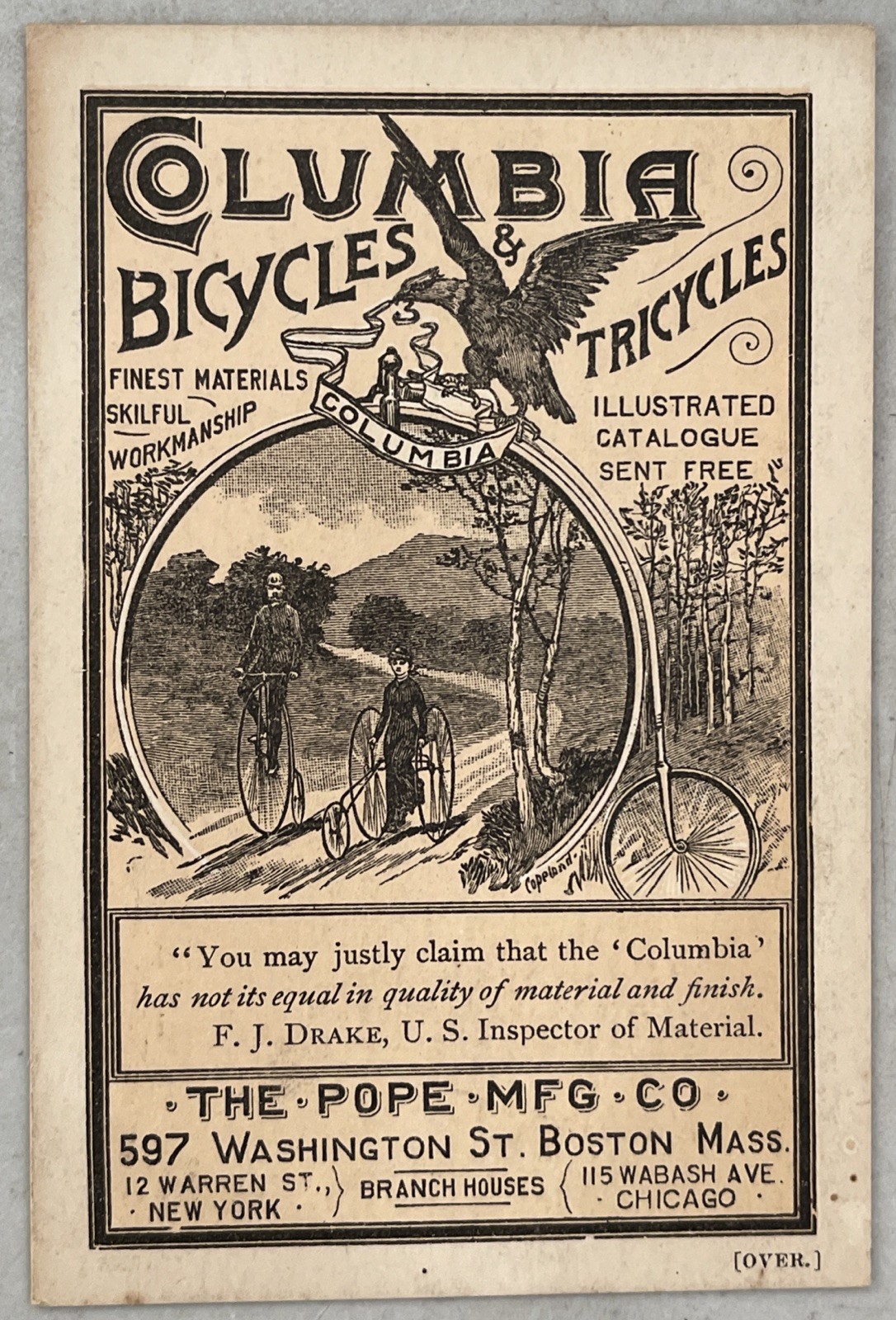 Antique Pope Manufacturing Company Bike Ad Trade Card Bicycle Tricycle Columbia