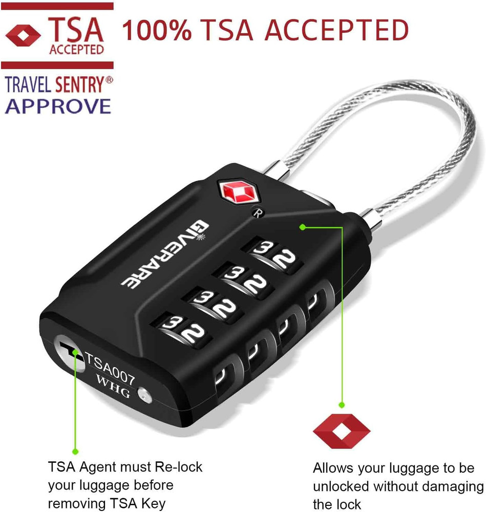 2-Pack TSA Cable Combo Locks 4-Digit, TSA Approved, Weatherproof, Black & Silver