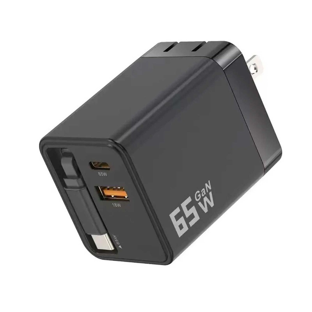 65W PD Home Charger Fast Type-C 2ft Retractable Cable USB-C for Tablets