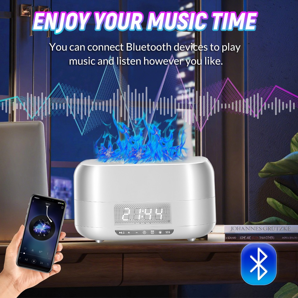 Flame Aroma Diffuser Humidifier Bluetooth Speaker Light Digital Display Clock