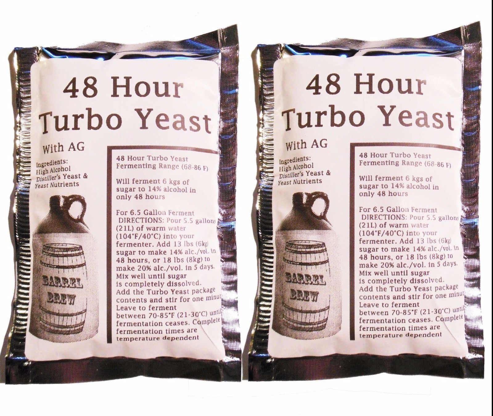 2 Packs 48 Hour Turbo Yeast w/ AG - Moonshine Alcohol Whiskey Rum Vodka 6.5 gal