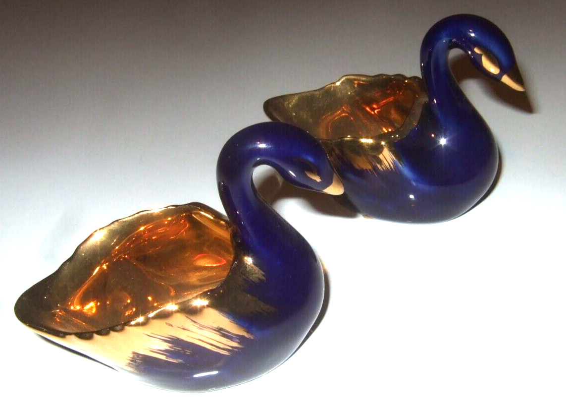 Limoges Swan Salt Dish Cobalt Blue and Gold Pair