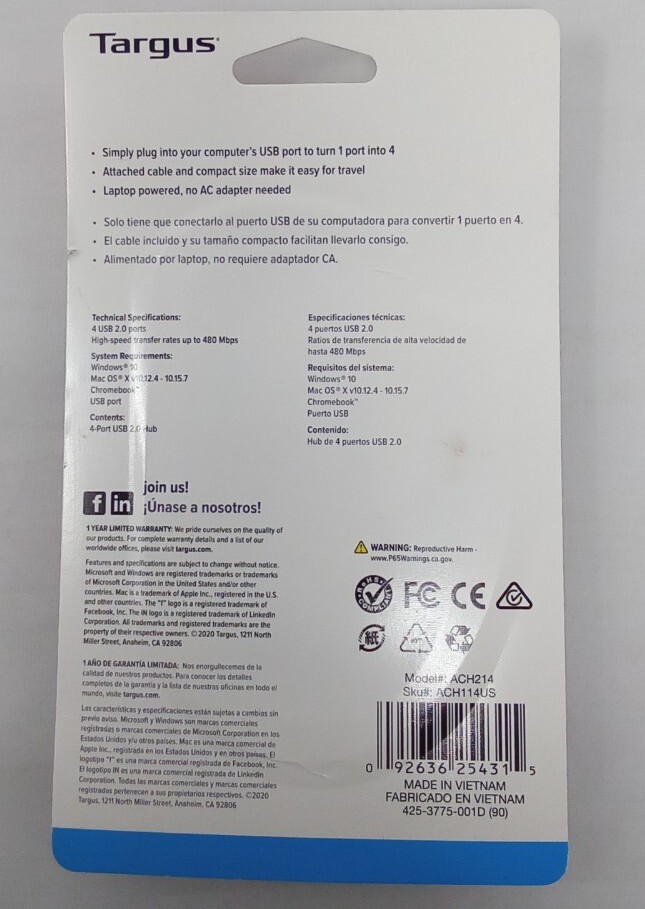 Targus, USB 2.0, 4-port Basic Hub ACH114US