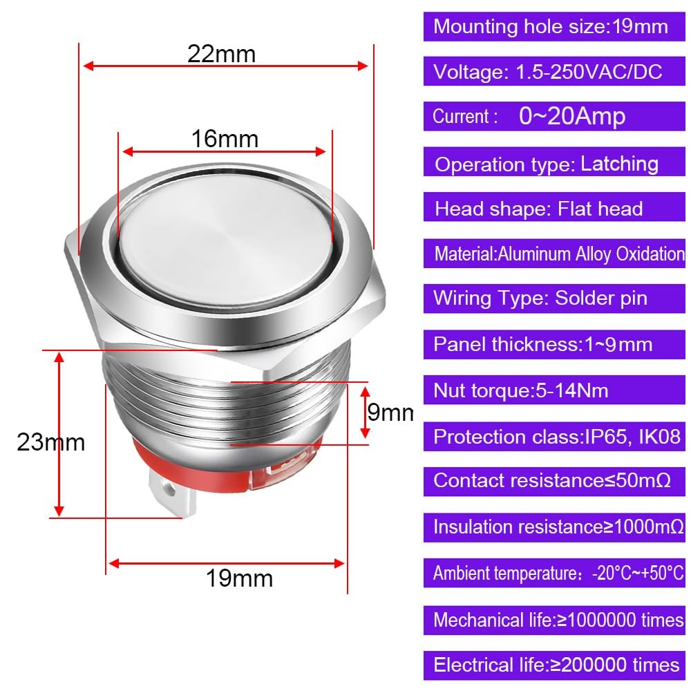 Short Type Push Button 19mm Latching Stainless Steel Push Button Switch 20A/1...