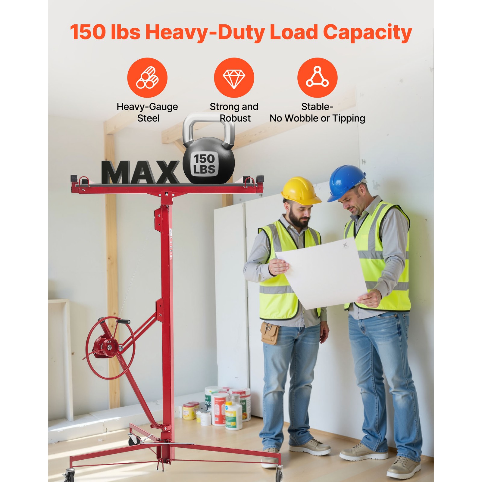 Uimoso 16ft Drywall Hoist, 150 lbs Capacity Adjustable Arm, Lockable Wheels, Red