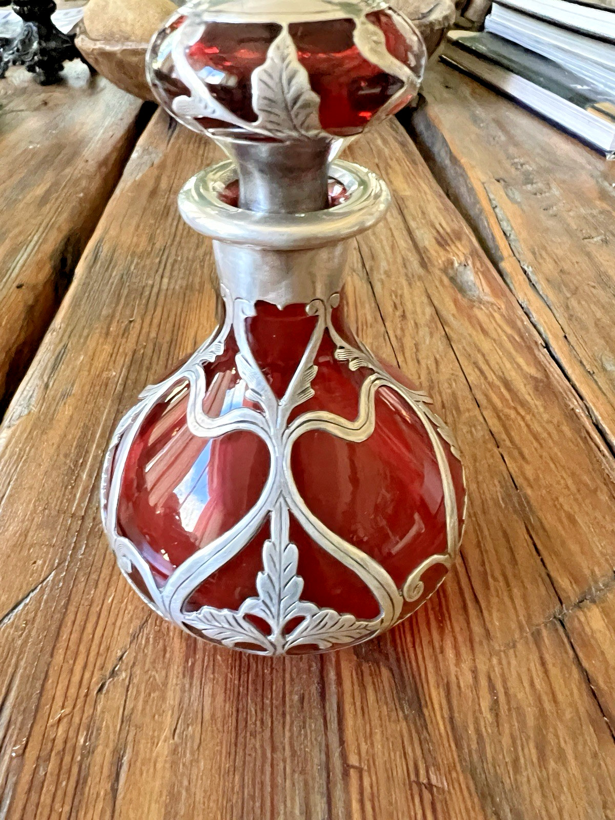 Gorham Perfume D952 Antique Art Nouveau Bottle American Red Glass Silver Overlay