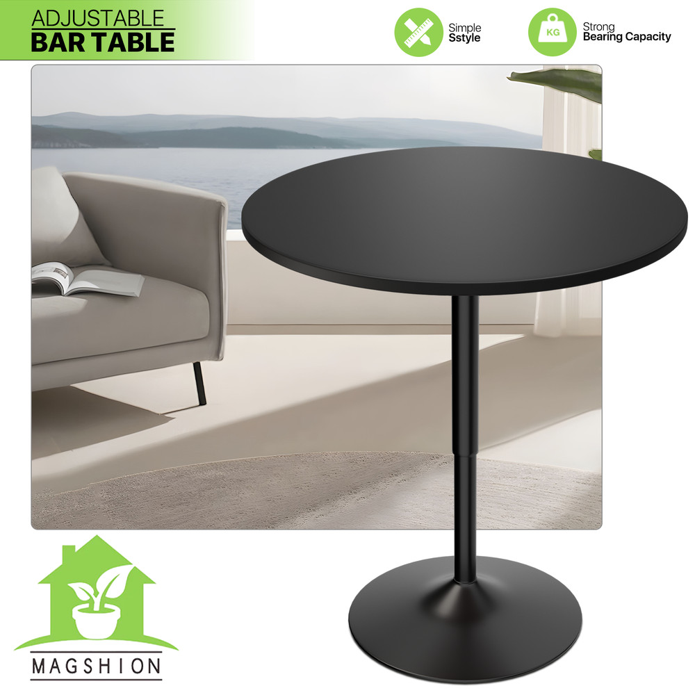 Black Wooden Round Pub Bar Table Adjustable Height Tabletop Chrome Base Kitchen