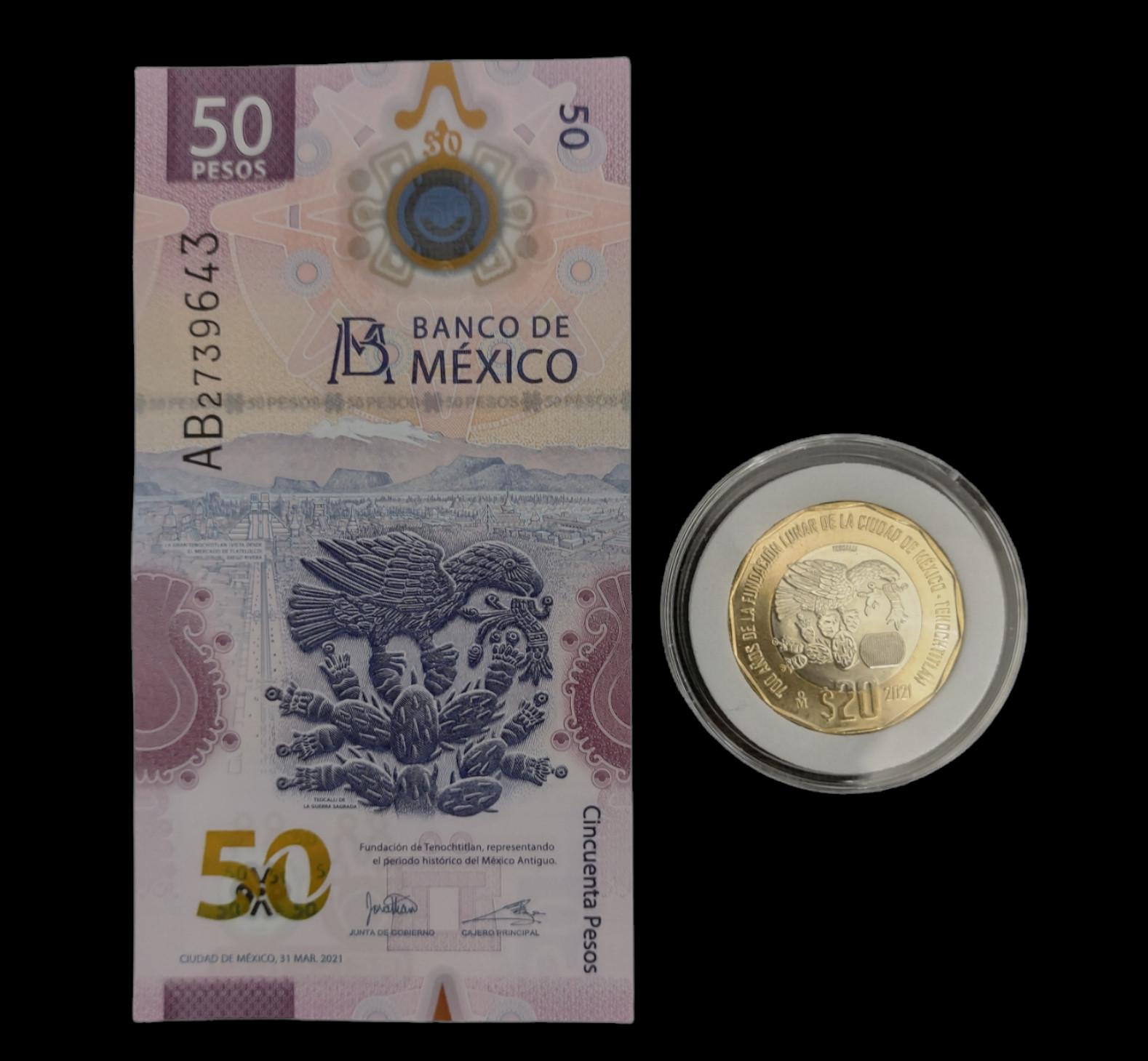 50 PESOS BILL MEXICO  AND 20 PESO COIN FUNDACION DE TENOCHTITLAN BILLETE MONEDA