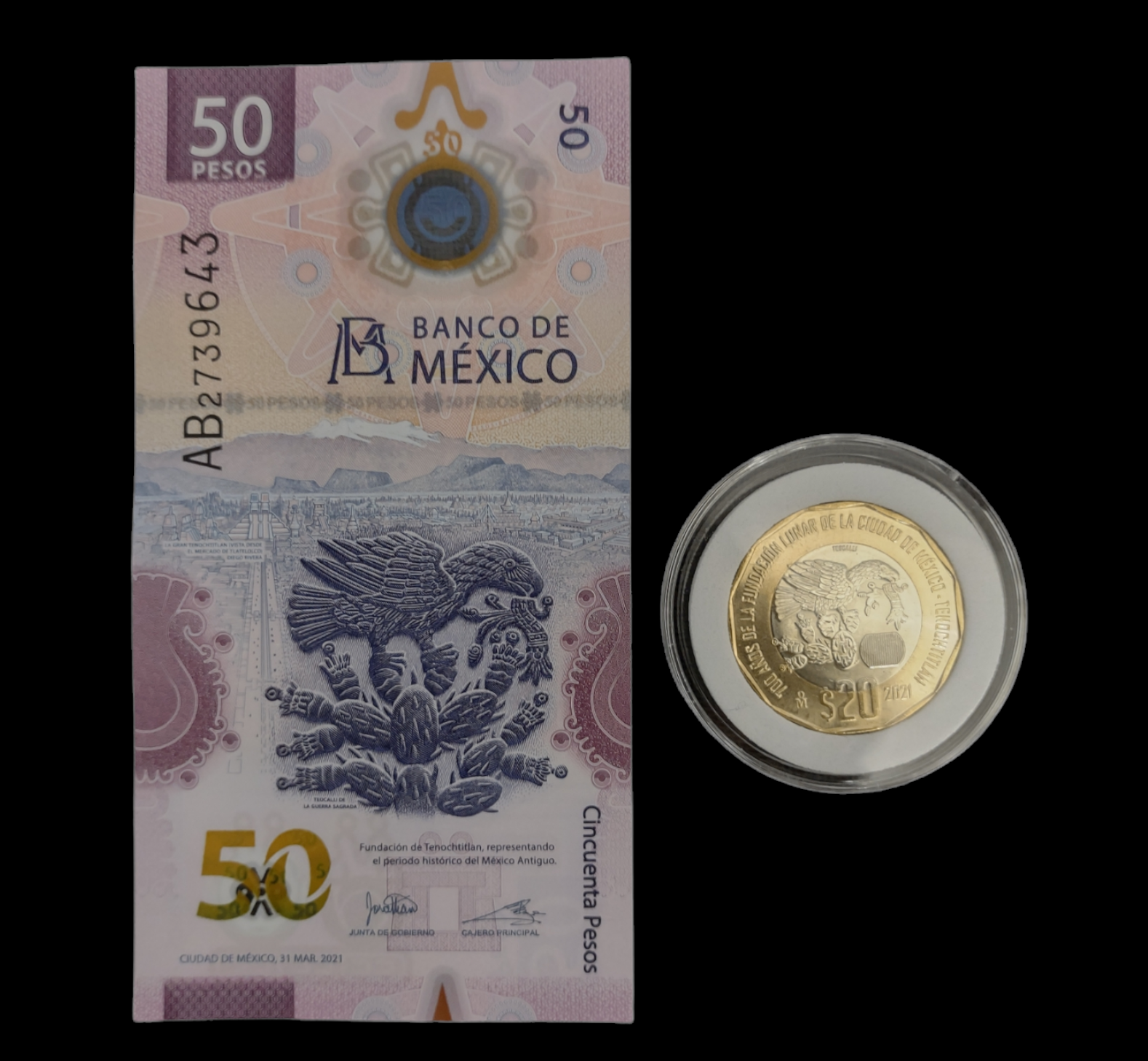 50 PESOS BILL MEXICO AND 20 PESO COIN FUNDACION DE TENOCHTITLAN BILLETE MONEDA