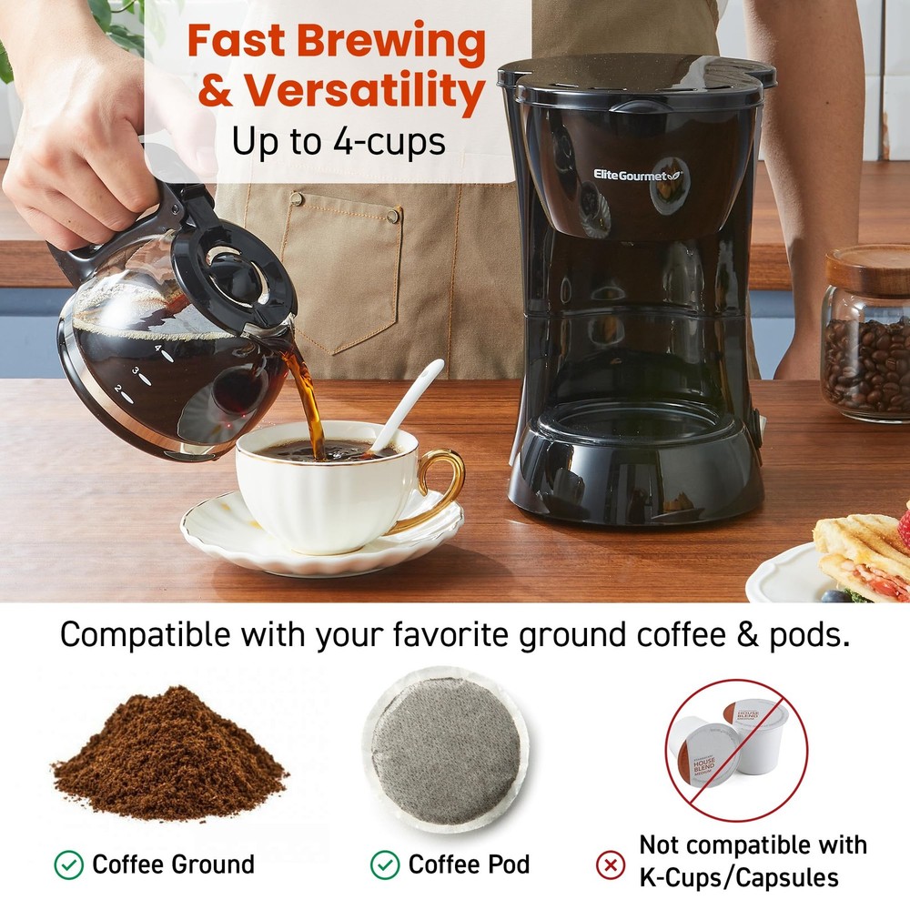 Automatic Brew and Drip Coffee Maker 4 Cup Capacity Kitchen Machine Black