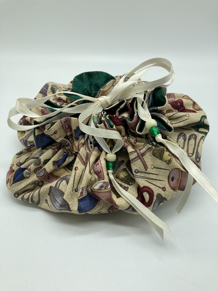 Vintage Drawstring Sewing Bag Multicolored Sewing Design Fabric With Pin Cushion
