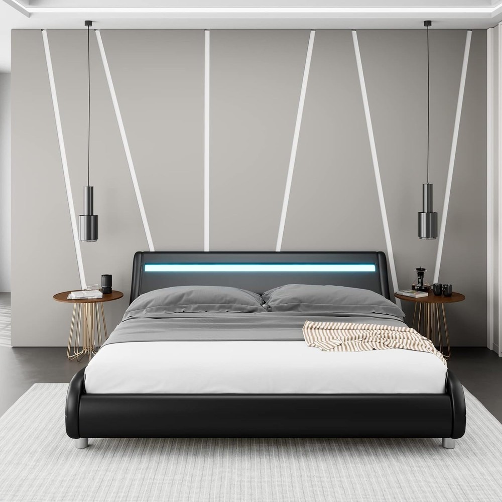 Queen LED Bed Frame w/Headboard, Low Profile Platform Bed w/Strong Slats Support