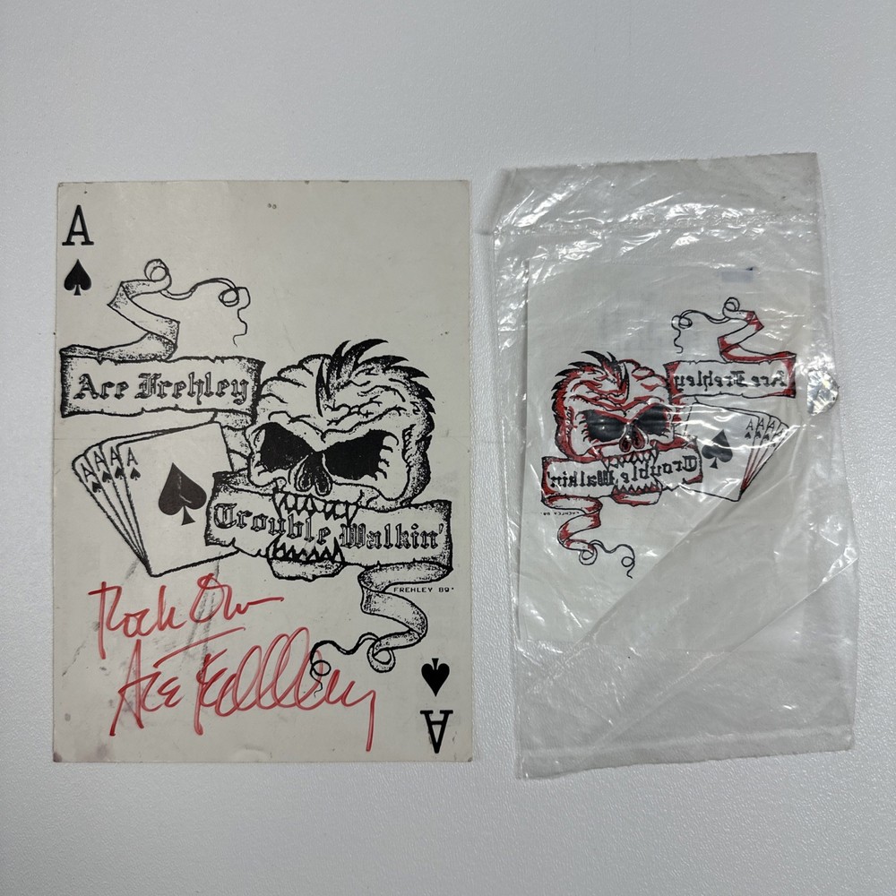 1989 KISS Ace Frehley Trouble Walkin Autograph Signed Postcard + Temp Tattoo