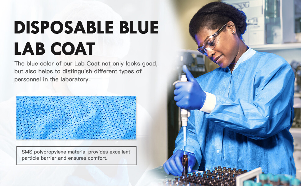 Pack of 10 Disposable Lab Coat Blue SMS with Pockets Adult Knitted Collar Cuffs