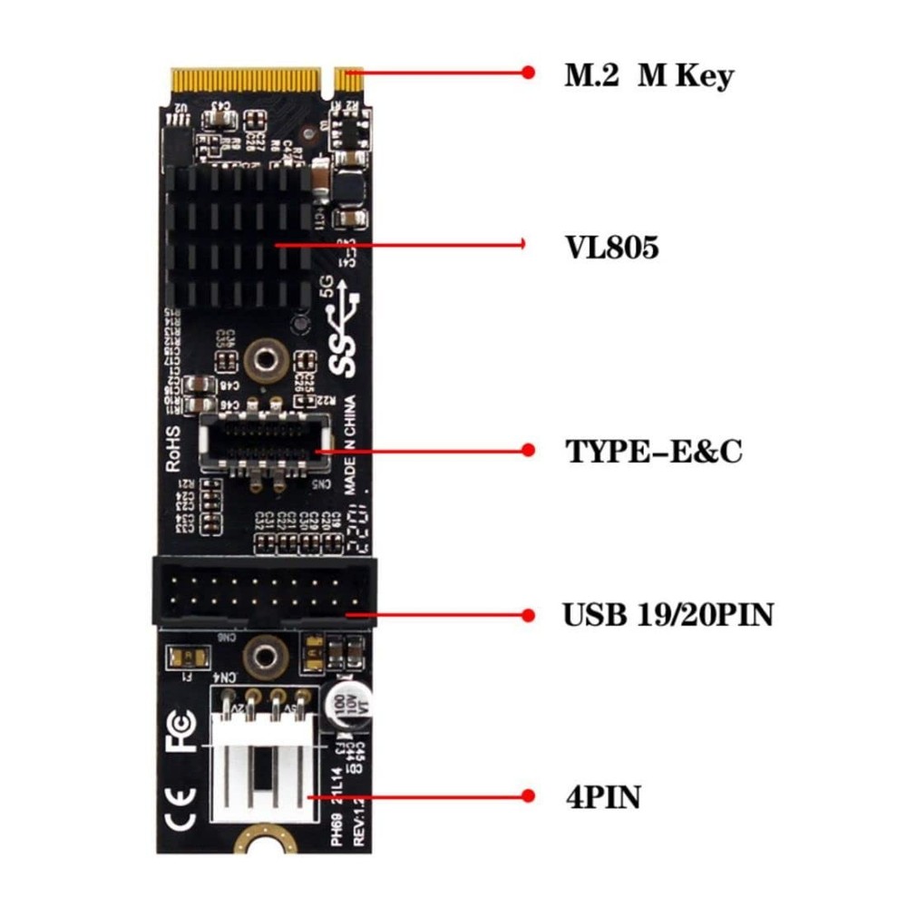 M.2 NVME NGFF M-Key to USB 3.0 20Pin/USB 3.1 Type-E Front Panel Socket Mainbo...