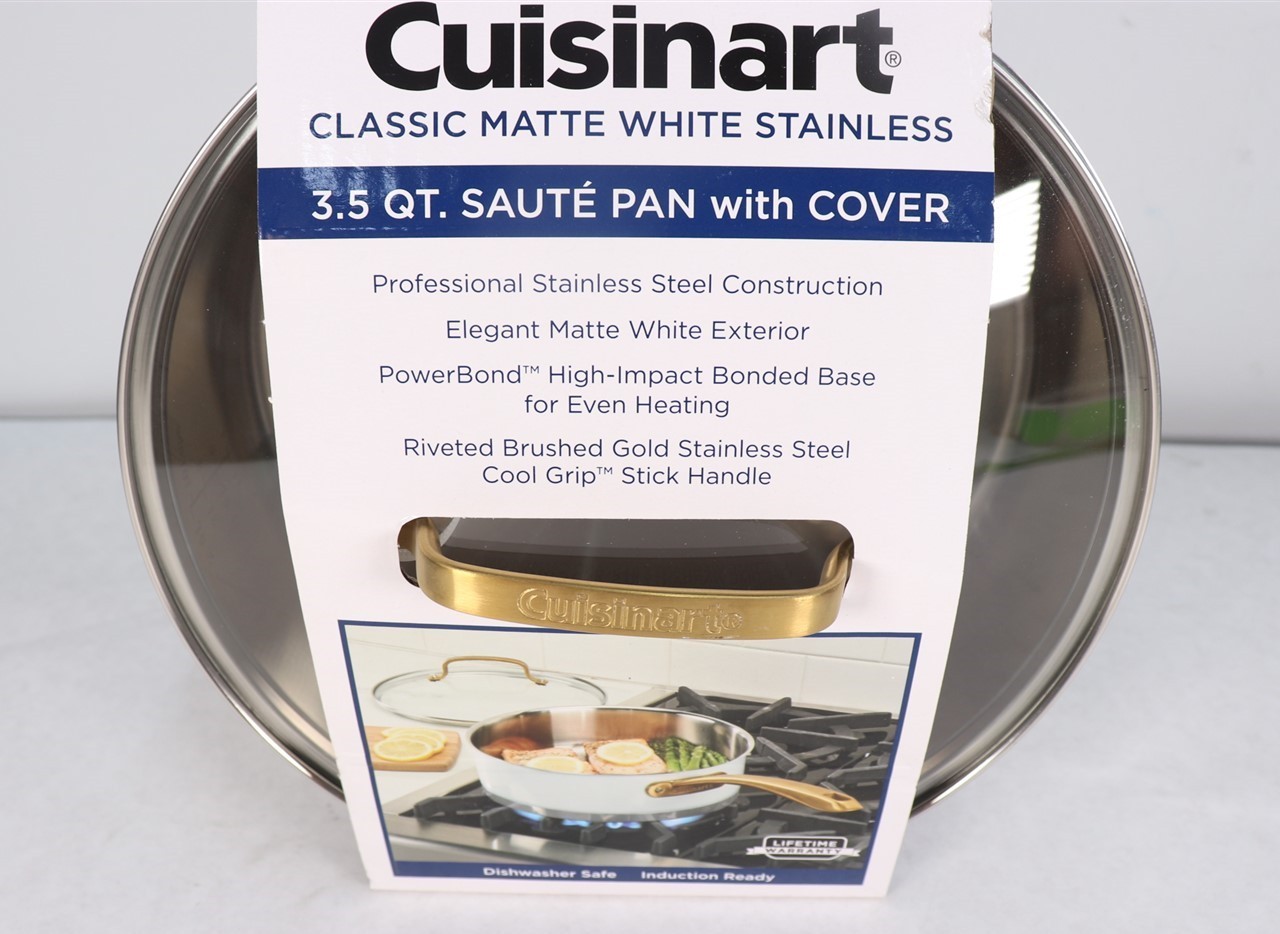 Cuisinart Classic Matte White & Brushed Gold 3.5qt Stainless Saute Pan w/Cover