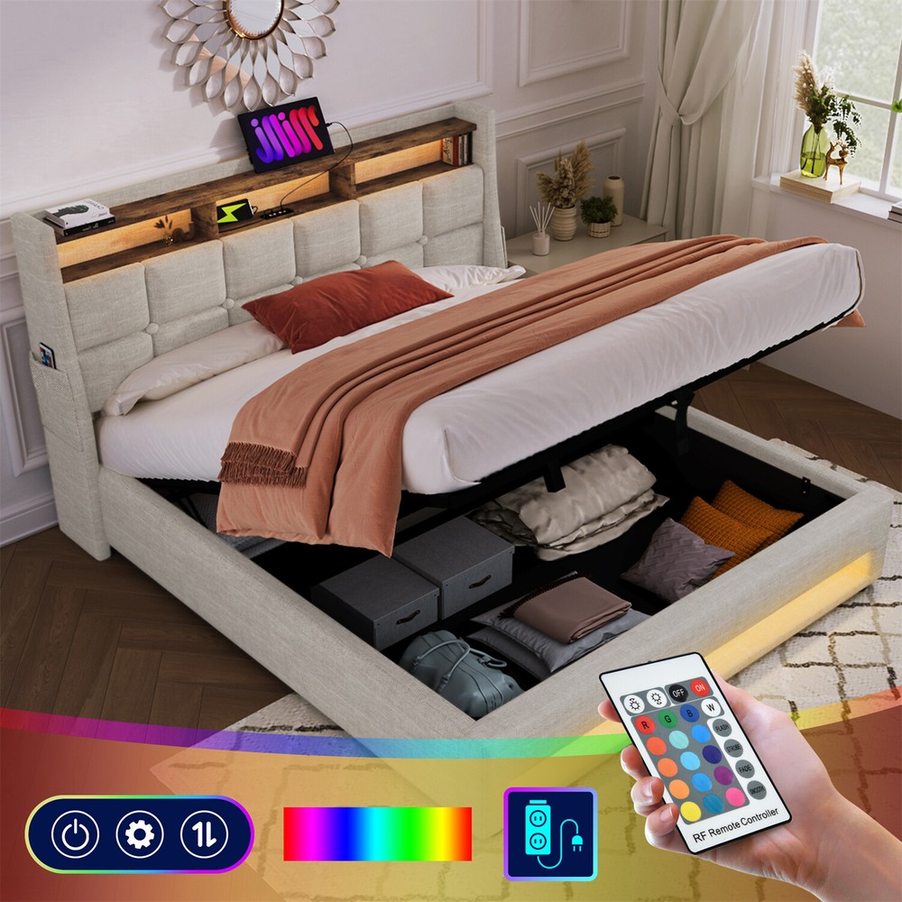 Queen Size LED Bed Frame Upholstered Platform Bed with Hydraulic Storage System