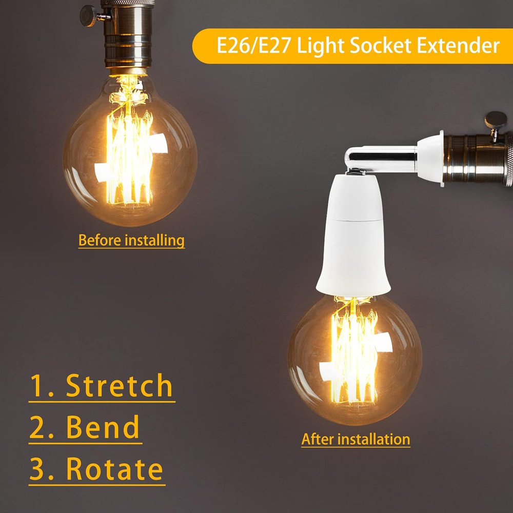 E26/E27 Light Socket Extender, 4.5 Inch Extension,Adjustable Vertical 90°Horizon