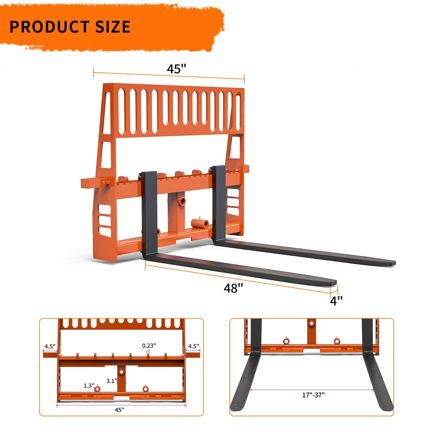 45" Skid Steer Pallet Fork Frame Orange With 48" Fork Blades Attachment 4500LBS