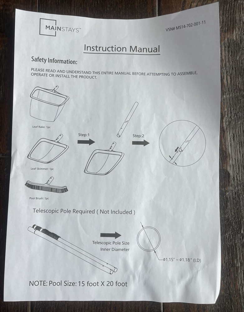Mainstays Pool Maintenance Kit 2 Piece Wall Pool Brush Leaf Rake