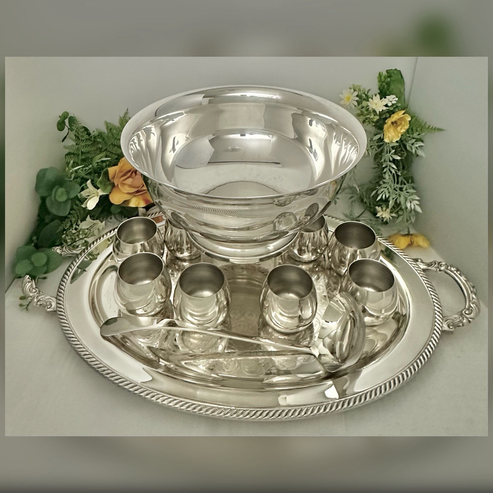 Punch Bowl Silver Plated Set Tray, Cups, Bowl, Ladle Vintage Drinkware - 14 pc