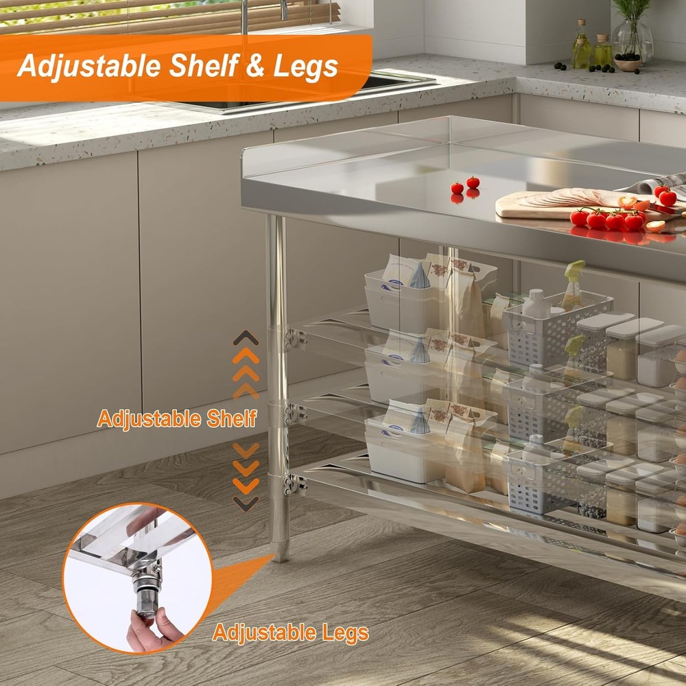 Stainless Steel Work Table 48x24" W/ 3-Side Backsplash NSF Adjustable Undershelf