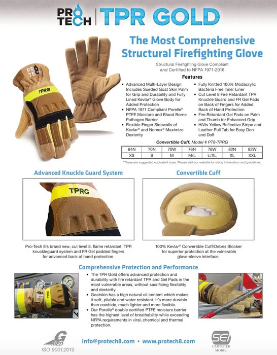 Pro-Tech TPR Gold Structural Firefighting Gloves MFG: 6/2018