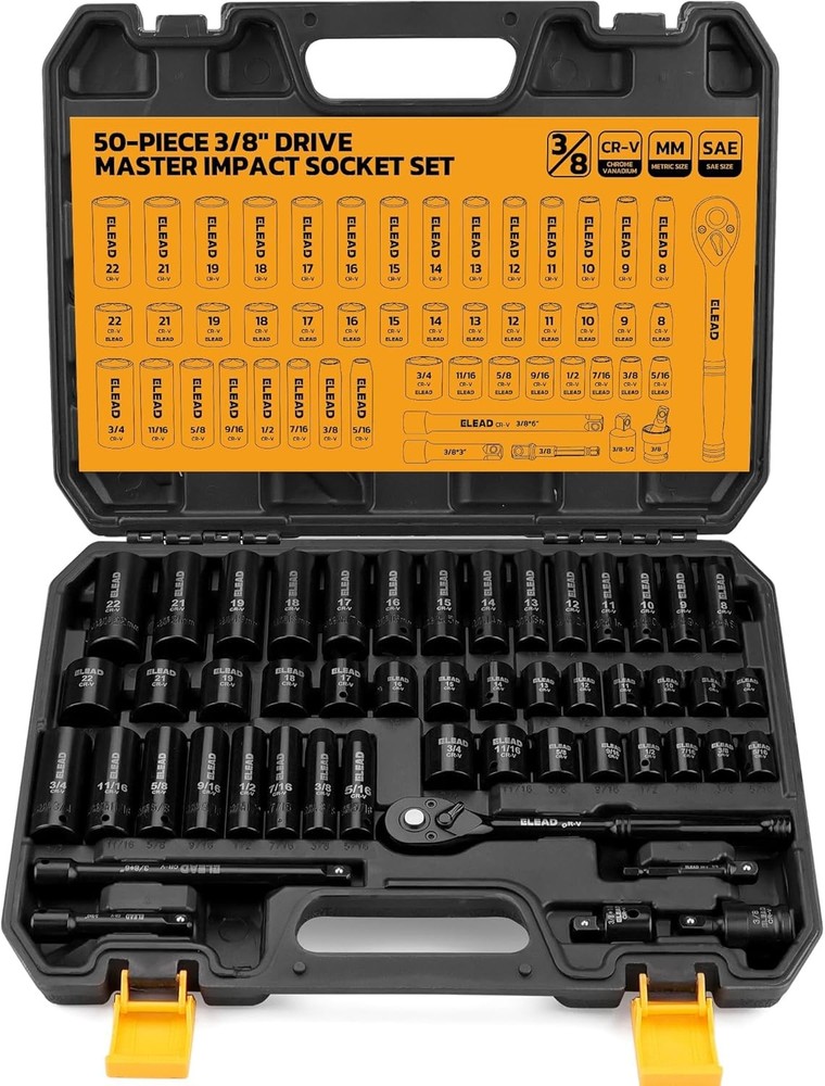 3/8'' Drive Impact Socket Set - 50-Piece Shallow & Deep Socket Set Metric