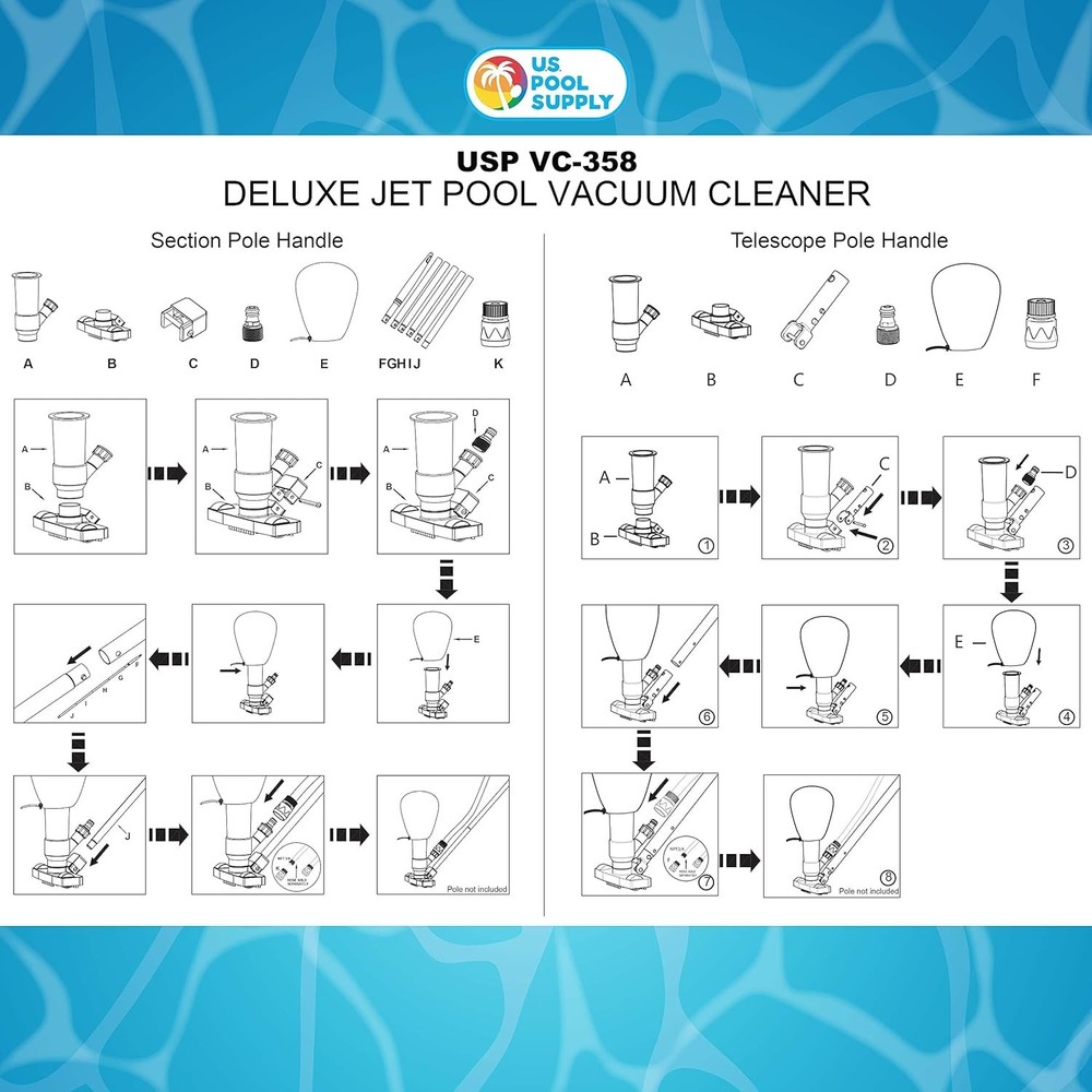 Professional Pool & Spa Vacuum Cleaner - Lightweight with 3 Scrub Brushes & Pole