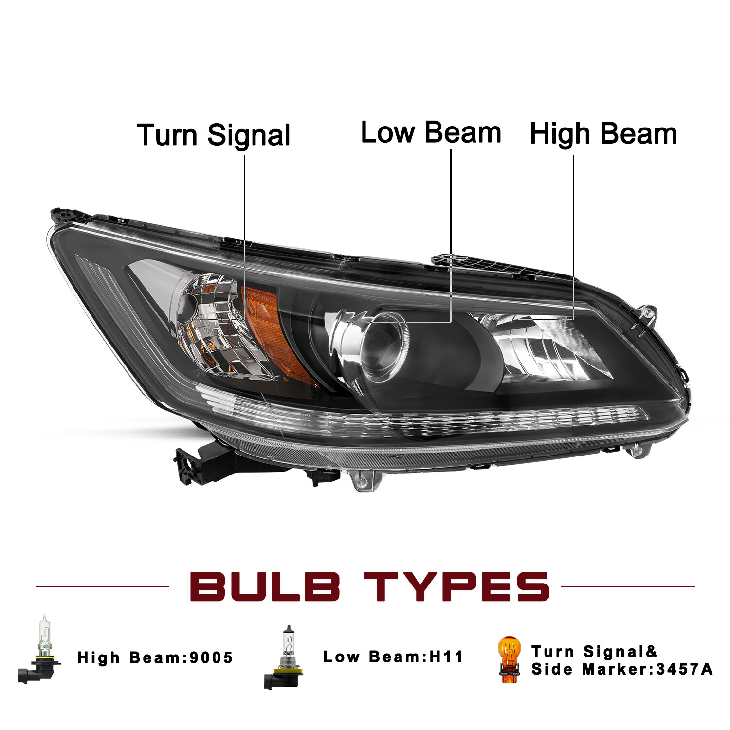 For 2013 2014 2015 Honda Accord Sedan W/O LED DRL Projector Halogen Headlights