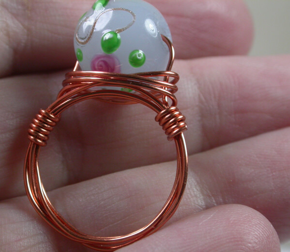 Wire Wrapped Lilac Lampwork Bead Ring Handcrafted
