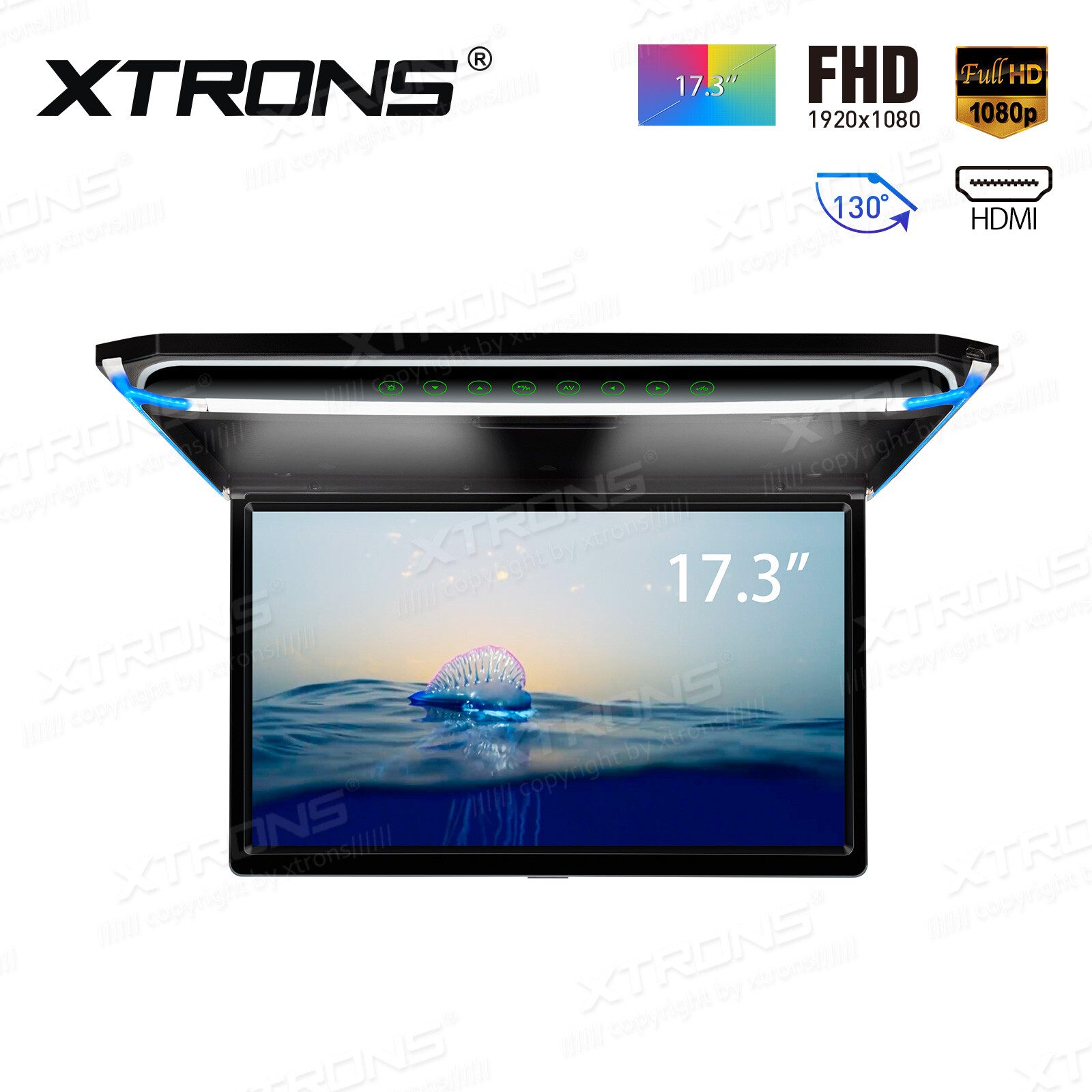 17.3" Car Roof Overhead Flip Down Monitor HDMI/USB/SD Game 1080P +2Pcs Headsets