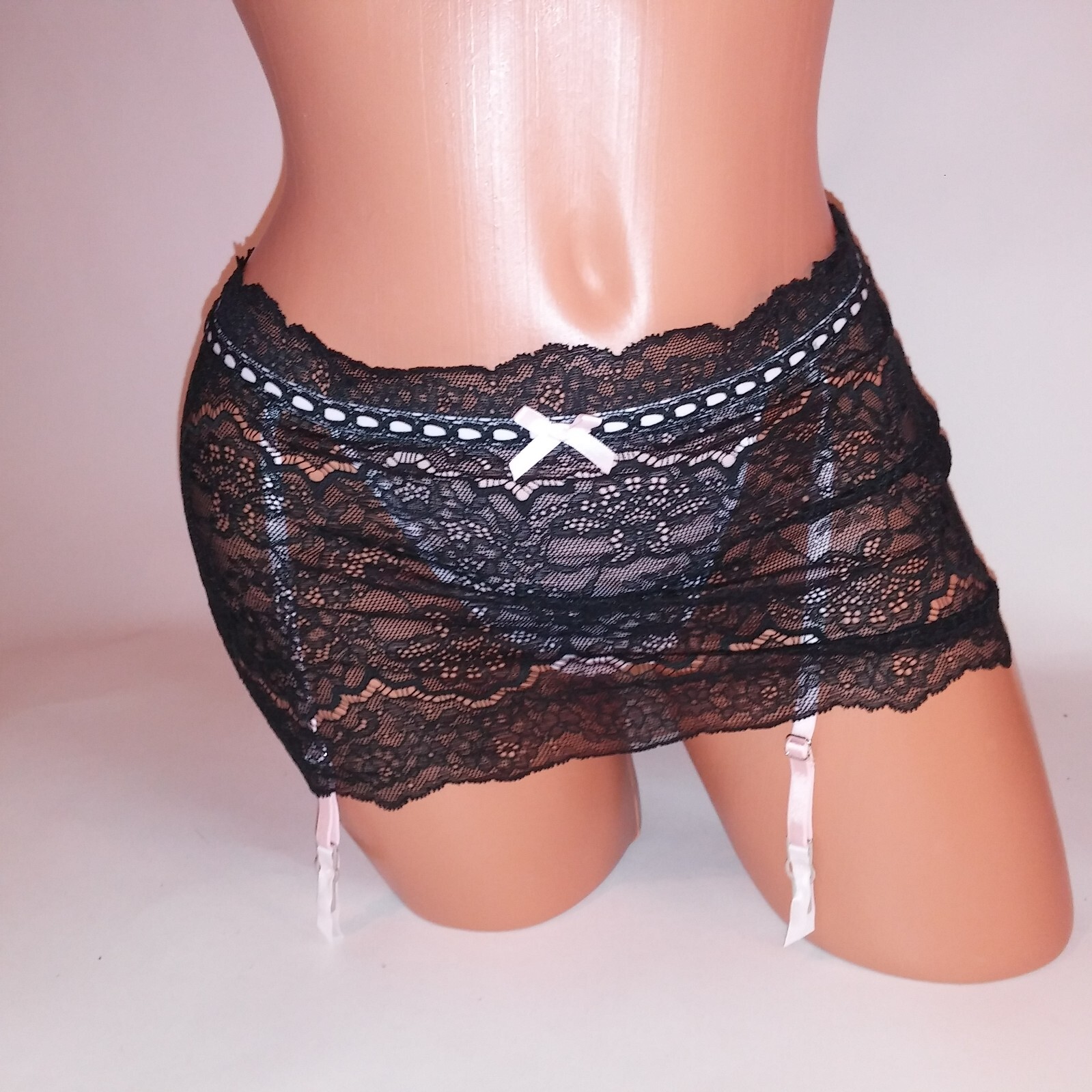 Victoria Secret Garter Belt Skirted Attached Thong Panty Black Pink Lace Dream