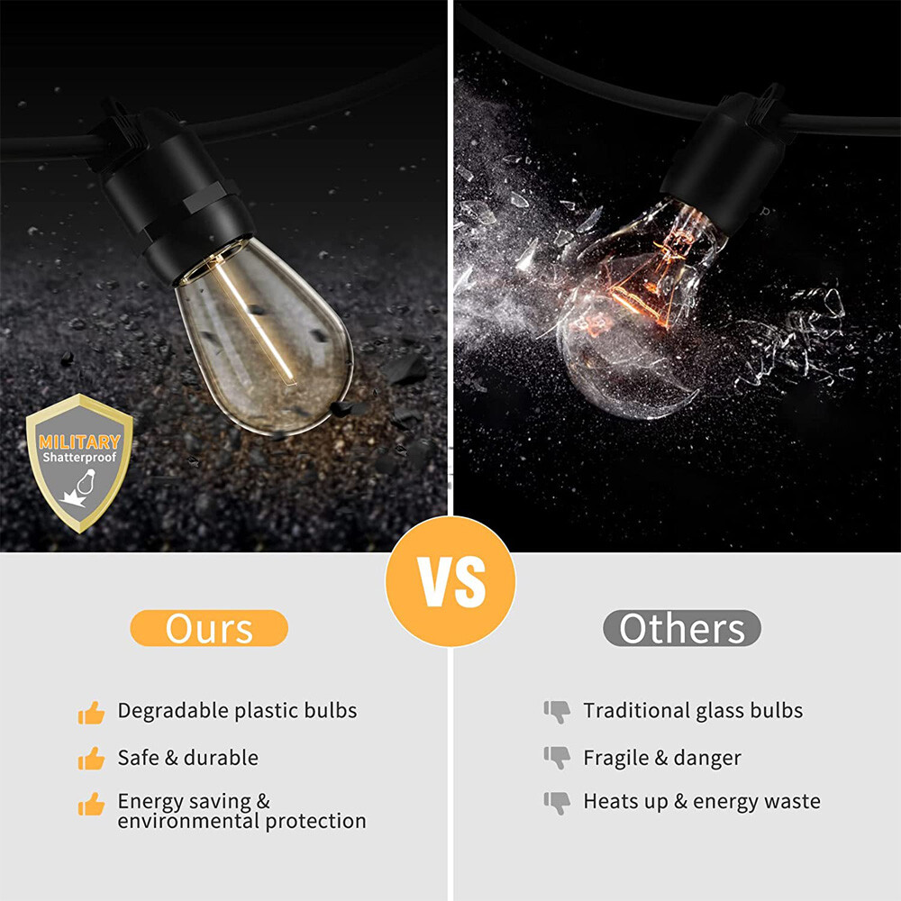 48FT Outdoor LED String Light IP65 S14 Edison Bulb Remote Dimmer Timer Garden US