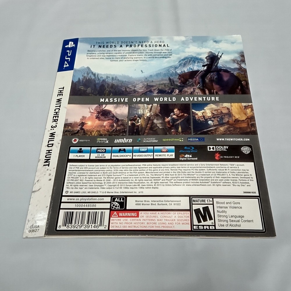 The Witcher III (3) Wild Hunt for PS4 Outer Cardboard Box ONLY!!