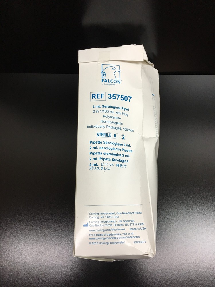 Corning Falcon REF 357507 Serological Pipette 2mL 2in with Plug