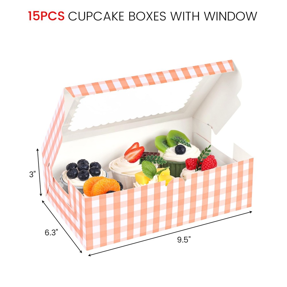 6 Count Cupcake Boxes, 15PCS 9.5"x6.3"x3" Cupcake Container with Window Boxes...