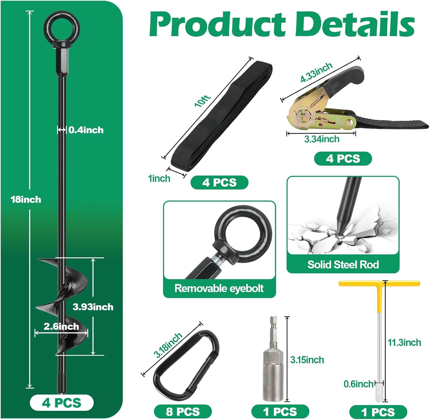 Ground Anchors, 4 Pack 18" RV Awning Tie down Kit, Shed Anchor Kit, Screw garden