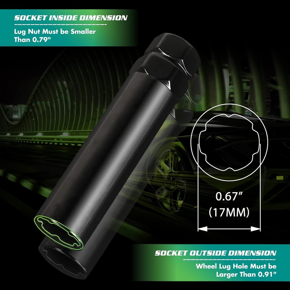 6 Spline Lug Nuts Socket Key - 17mm Hex Socket for Small Diameter 1 Pack Black