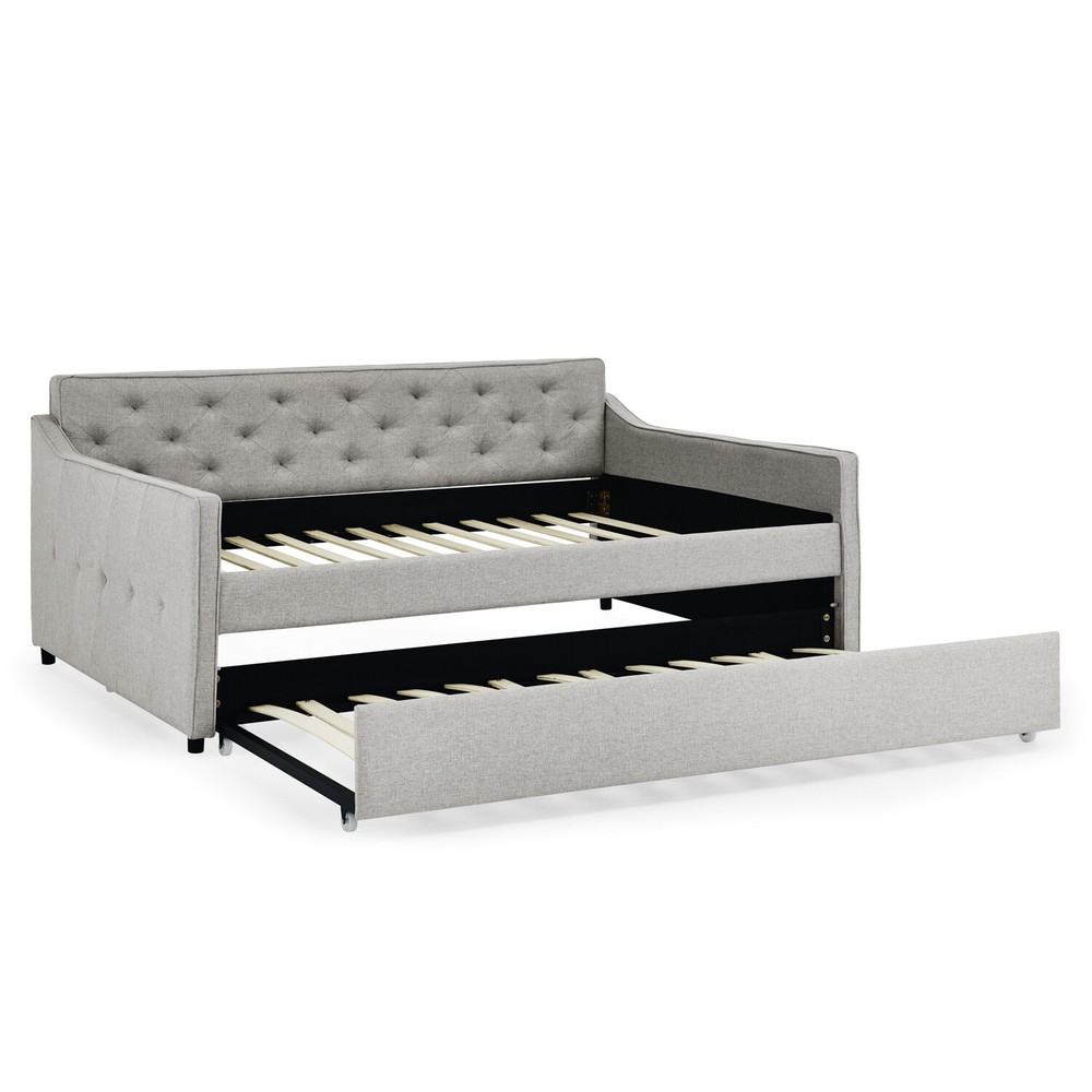 Full Size Daybed w/ Pull Out Trundle Bed Linen Upholstered Bed Frame Sofa Bed