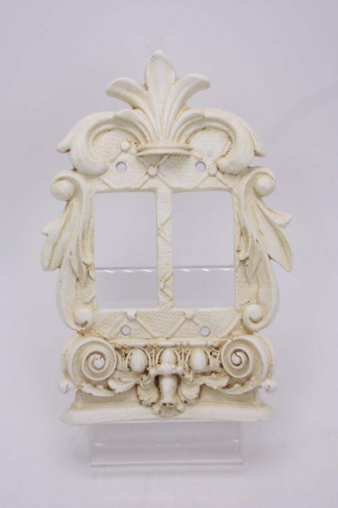 Composite 3D Antique Style Double White Dimmer Light Switch Plate Fleur de Lis