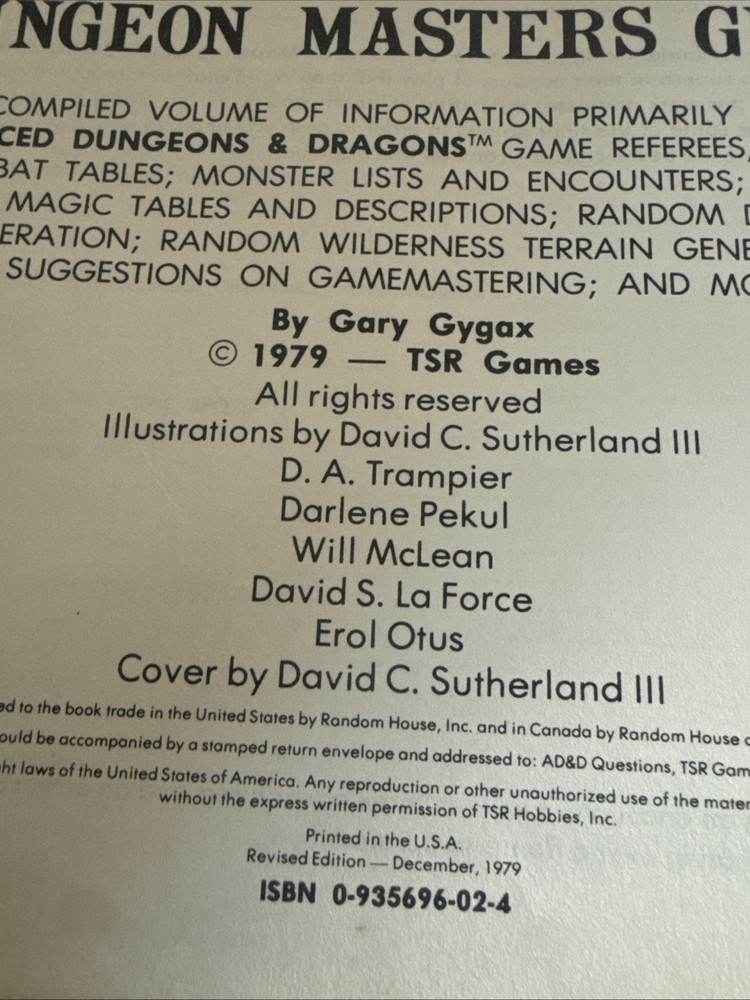 TSR AD&D DUNGEON MASTERS GUIDE RARE 1979 Revised Edition
