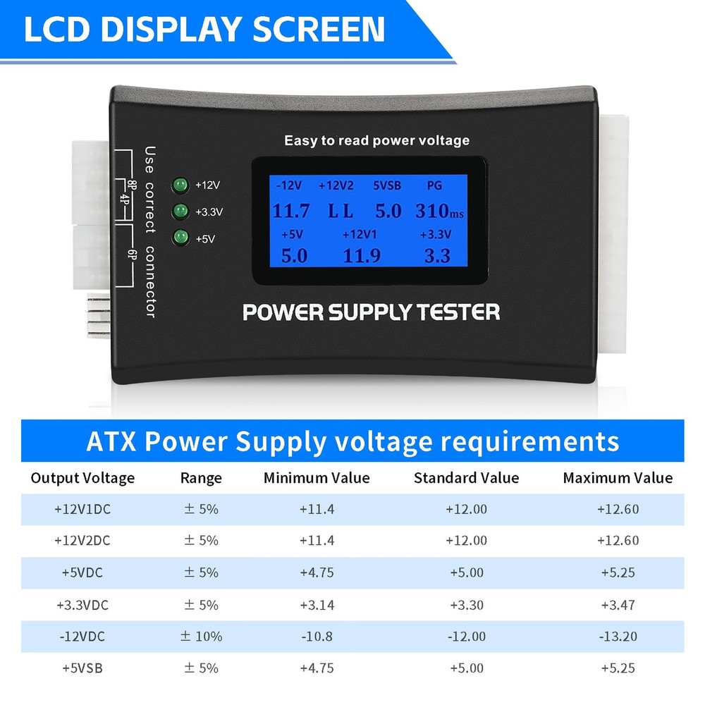 Computer PC Power Supply Tester with LCD Display, ATX default