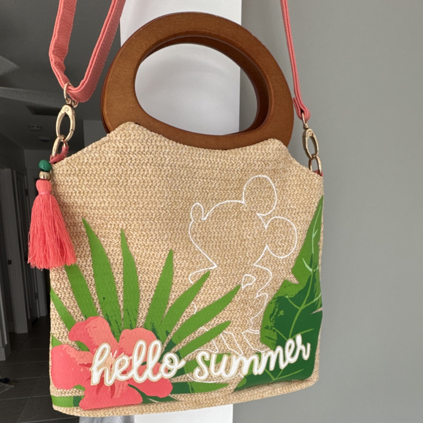 Disney Mickey Mouse Hello Summer Straw Shoulder Bag Coral Strap Wooden Handle