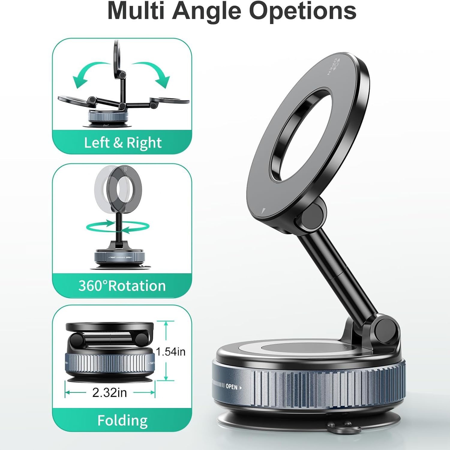 360° Vacuum Magnetic Phone Holder - Suction Cup Car Mount w/ Foldable Stand US